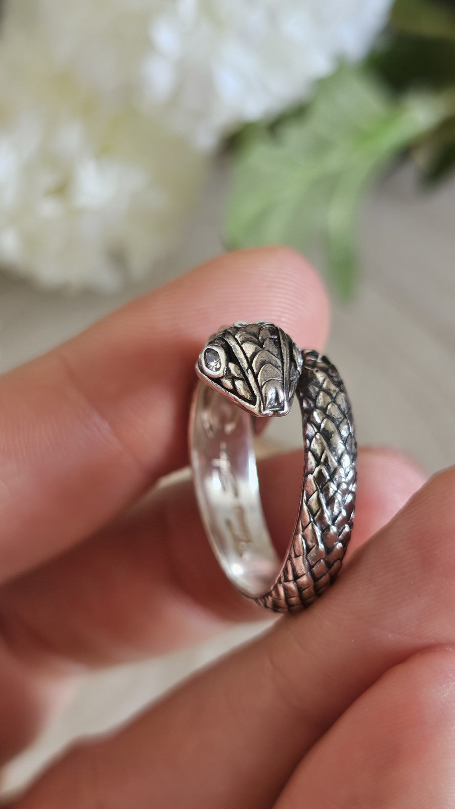 Thomas Sabo 925 Sterling Silver Snake Ring Clear Stone Eyes Size P 1/2 9.19