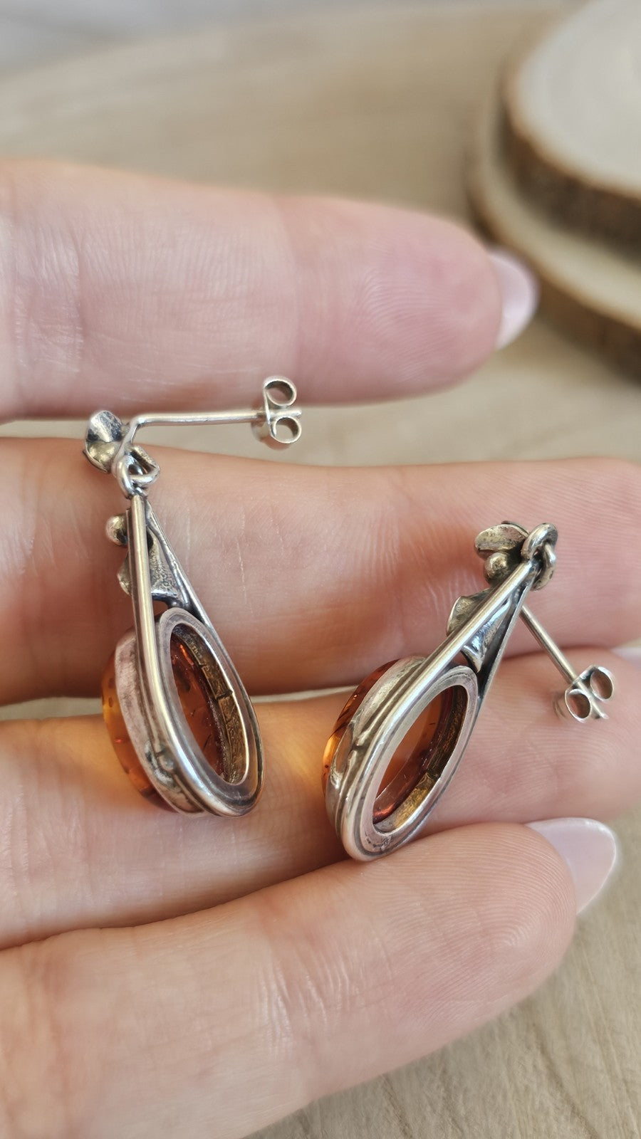 925 Sterling Silver Amber Drop Earrings Floral Design 7.14g 33mm