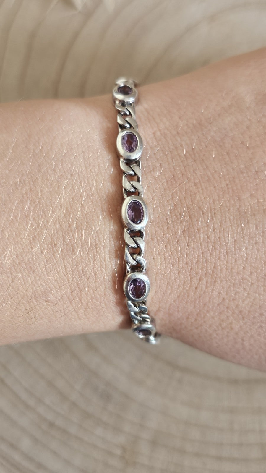 925 Sterling Silver Curb Link Amethyst Bracelet 18.5cm Hallmarked 13.39g