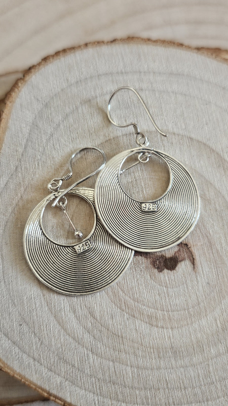 925 Sterling Silver Large Spiral Disc Drop Earrings Circular Dangle 3.64g