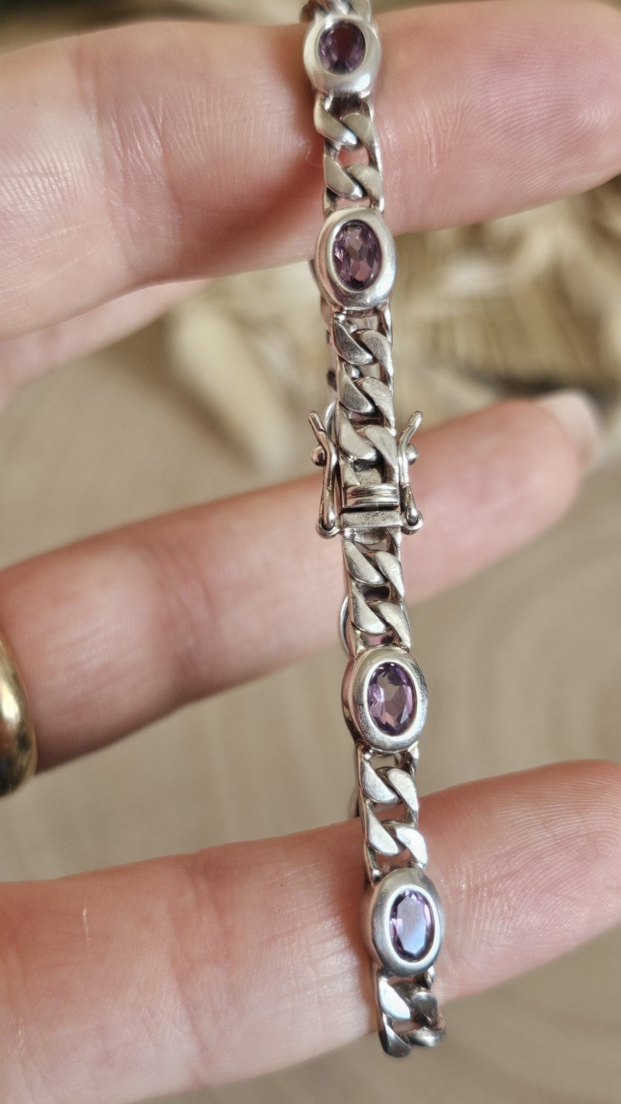 925 Sterling Silver Curb Link Amethyst Bracelet 18.5cm Hallmarked 13.39g