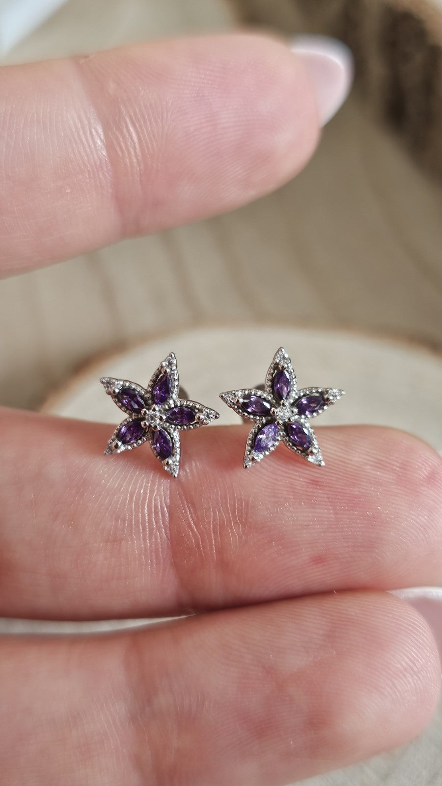 925 Sterling Silver Purple CZ Flower Stud Earrings 11mm Floral Star New