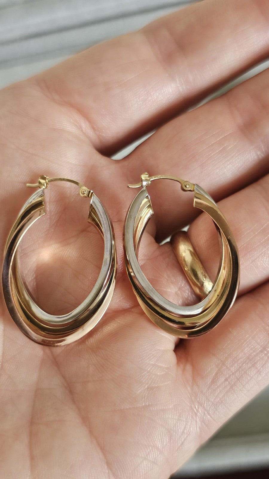14ct Tri Colour Gold Triple Hoop Earrings 4.79g 33.5mm 14K Rose White Yellow