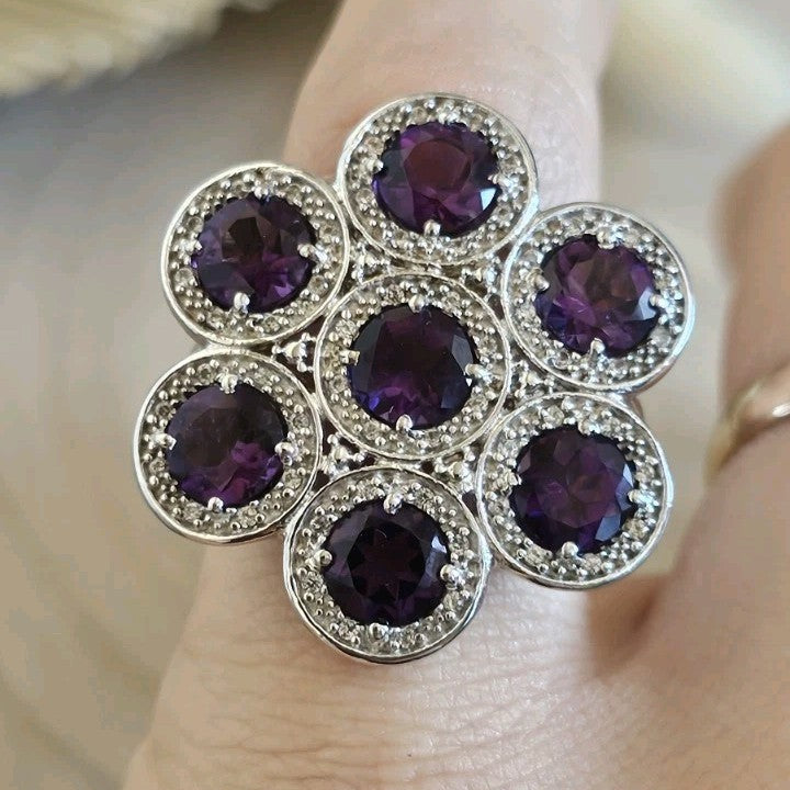 TGGC 925 Sterling Silver Amethyst Zircon Cluster Ring Size N 1/2 10.17g