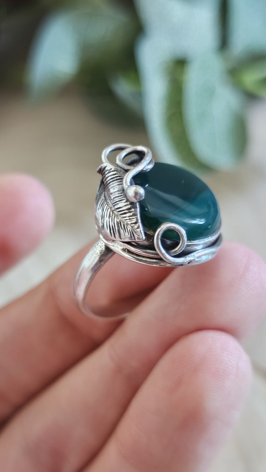 Vintage Sterling Silver Green Onyx Statement Ring Size S 7.92g