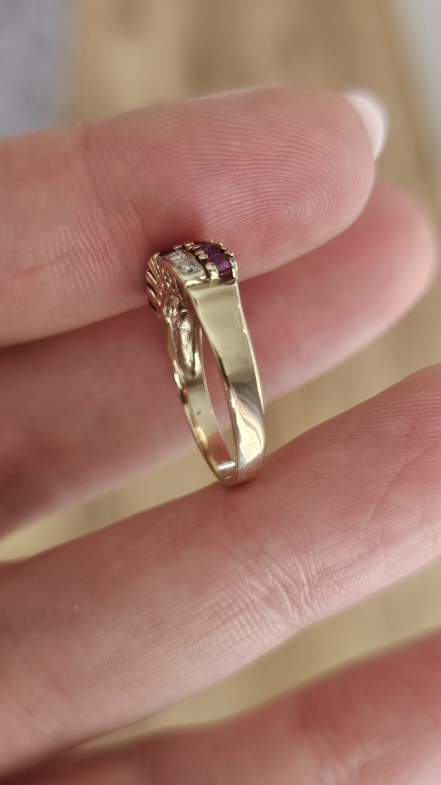 Vintage 1987 ,9ct Yellow Gold Natural Ruby & Diamond Double Row Ring Size M 1/2