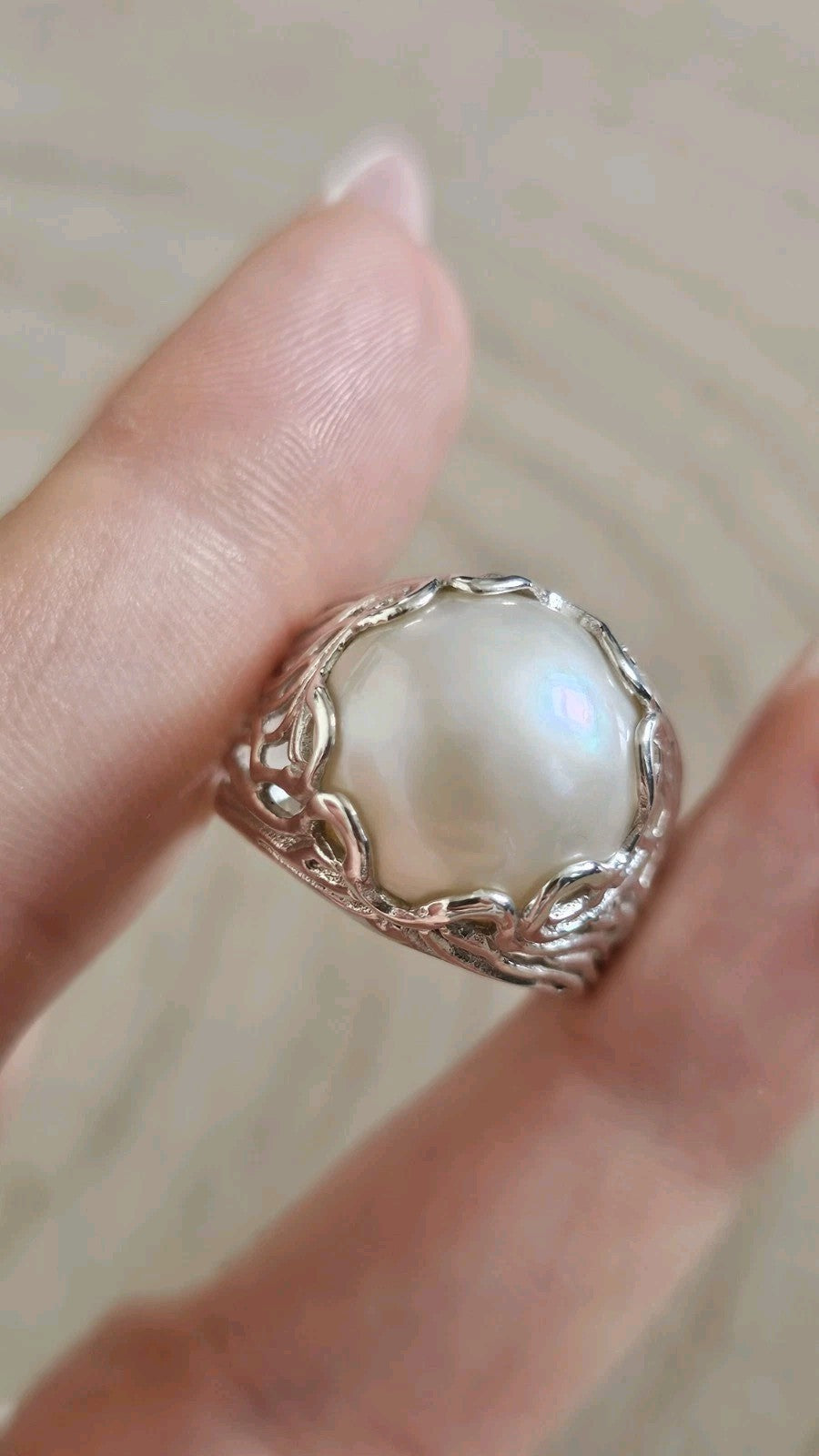 Vintage 925 Sterling Silver Large Pearl Statement Ring – Size R 1/2 – 7.59g