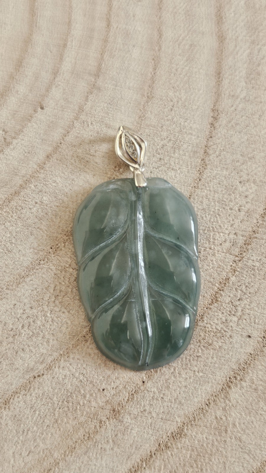 Gemporia 925 Sterling Silver Jadeite & Diamond Carved Leaf Pendant Signed G
