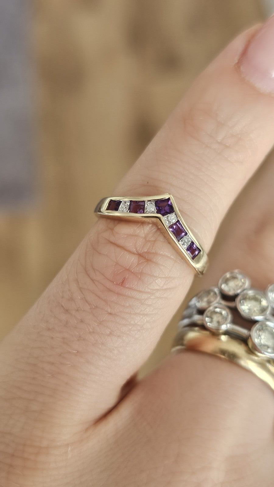 9ct Yellow Gold Natural Amethyst & Diamond Wishbone Ring Size K Hallmarked