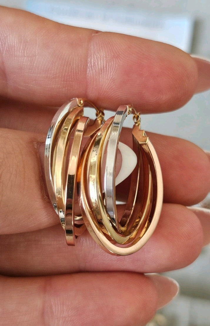 14ct Tri Colour Gold Triple Hoop Earrings 4.79g 33.5mm 14K Rose White Yellow
