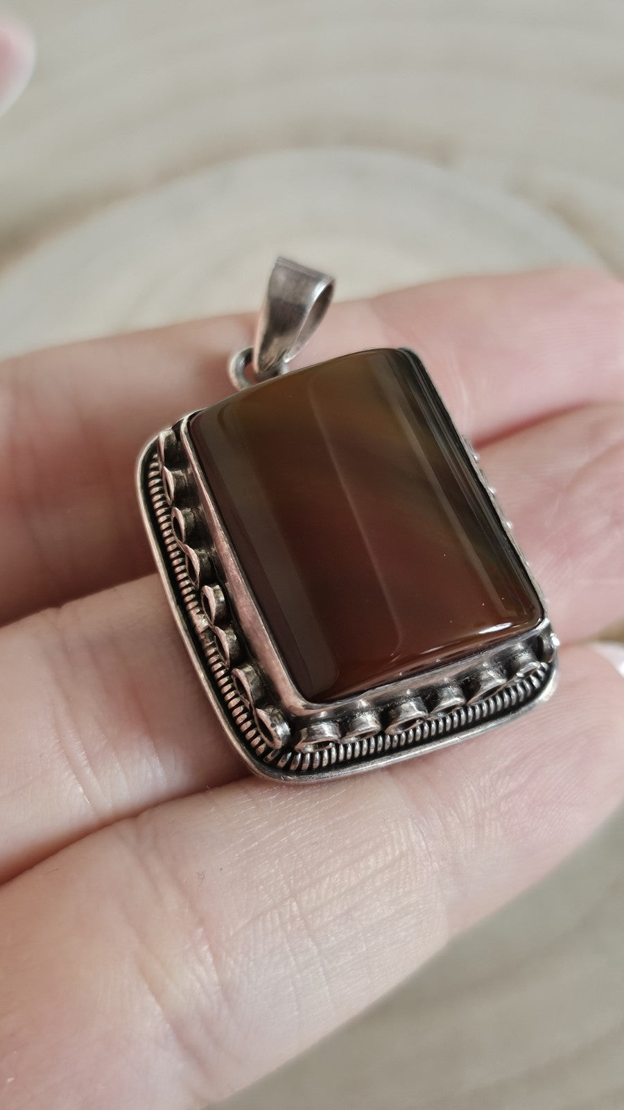 925 Sterling Silver Banded Agate Large Pendant Brown Gemstone 21g