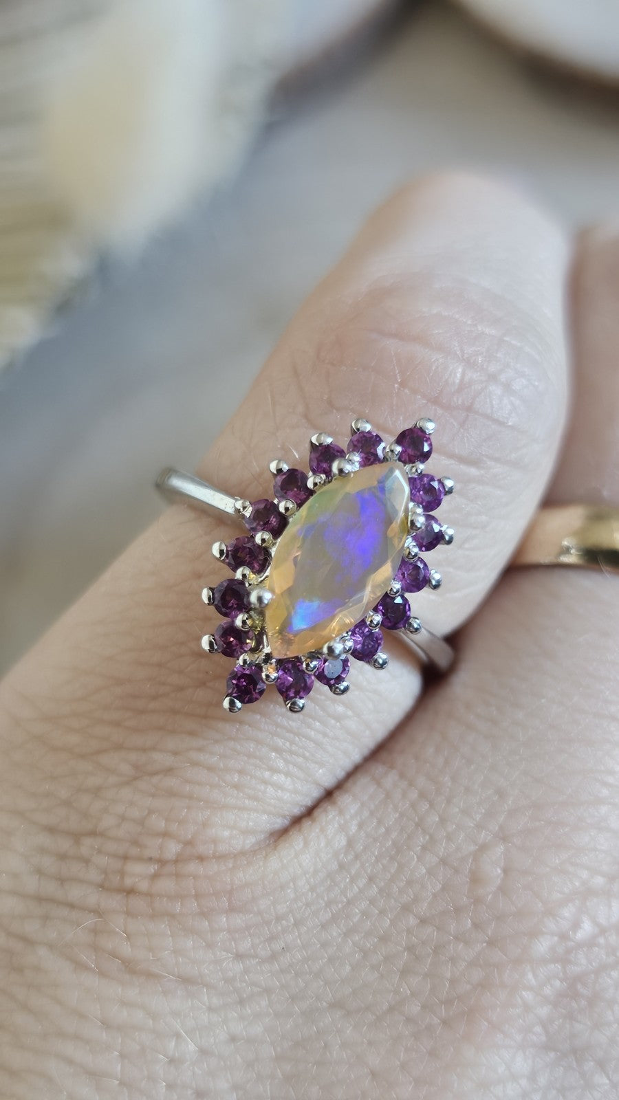 925 Sterling Silver Opal Rhodolite Garnet Halo Statement Ring Size N 1/2 3.90g