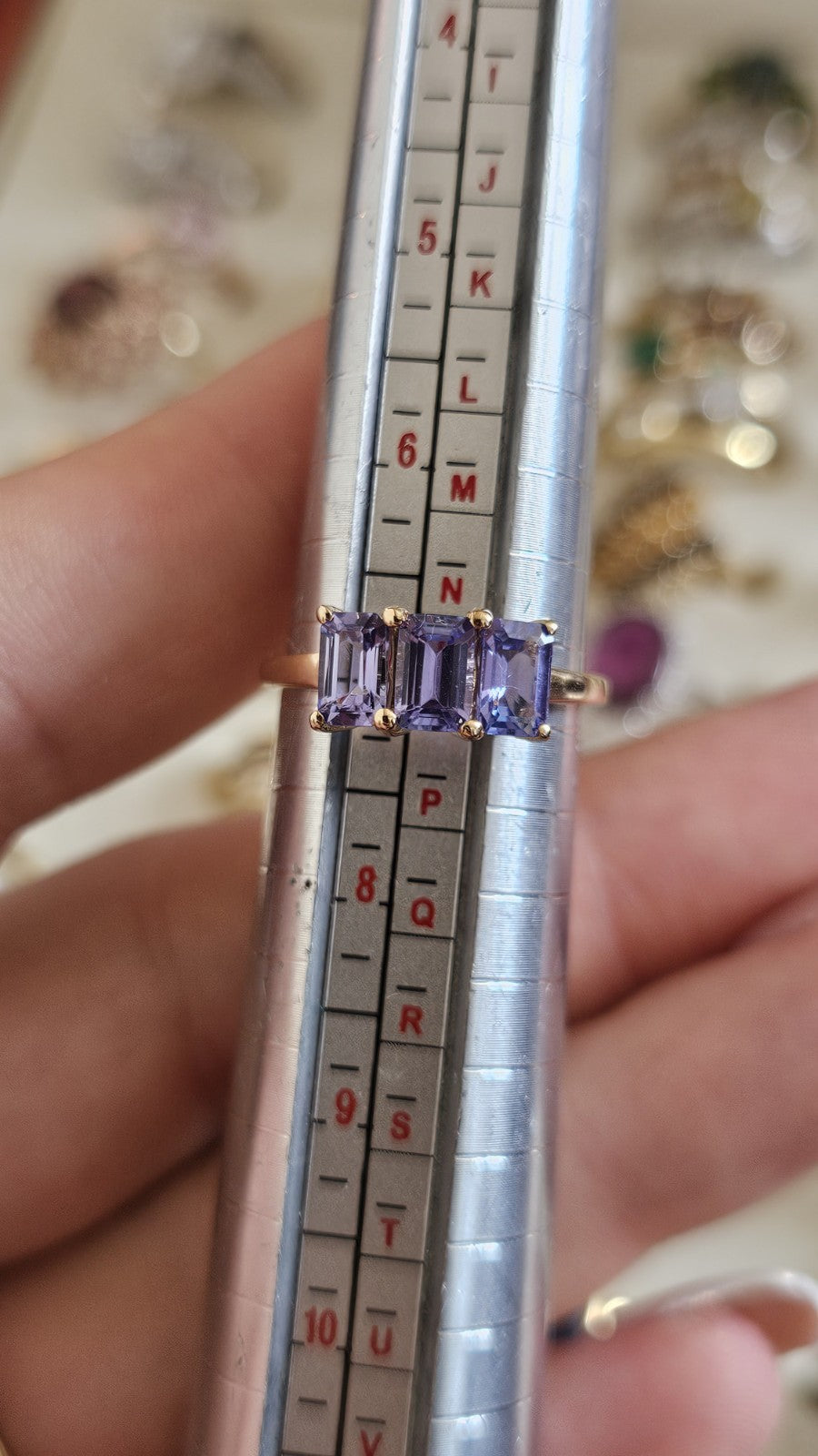 10ct Yellow Gold Natural Tanzanite Trilogy Ring Size N½ | Emerald Cut Hallmarked