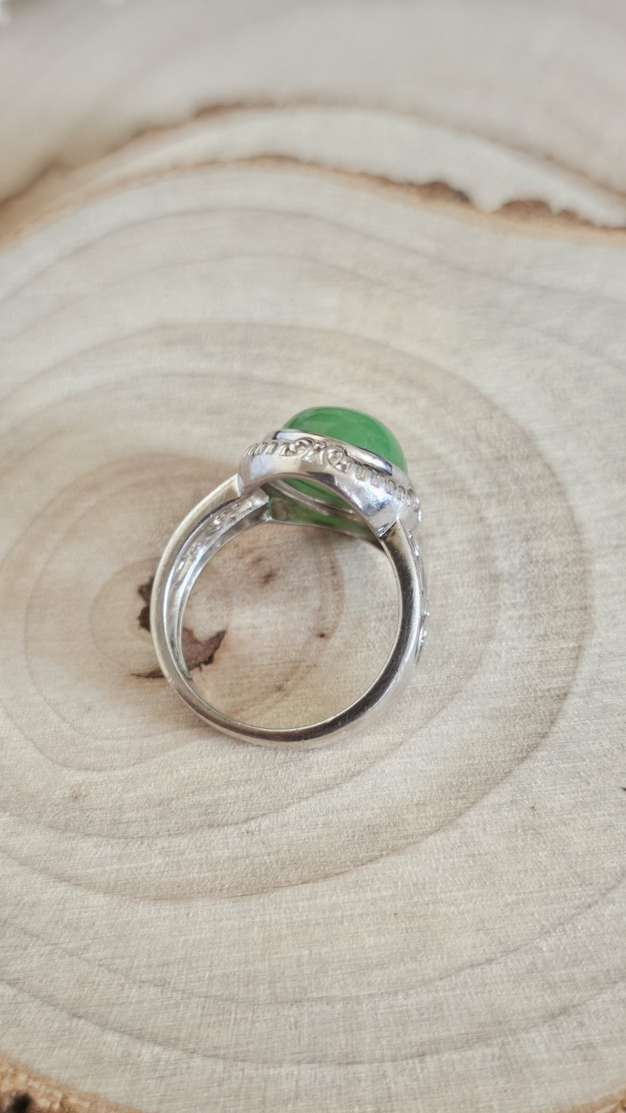 925 Sterling Silver Green Jade Oval Ring Size L 1/2 Ornate Scroll 4.92g