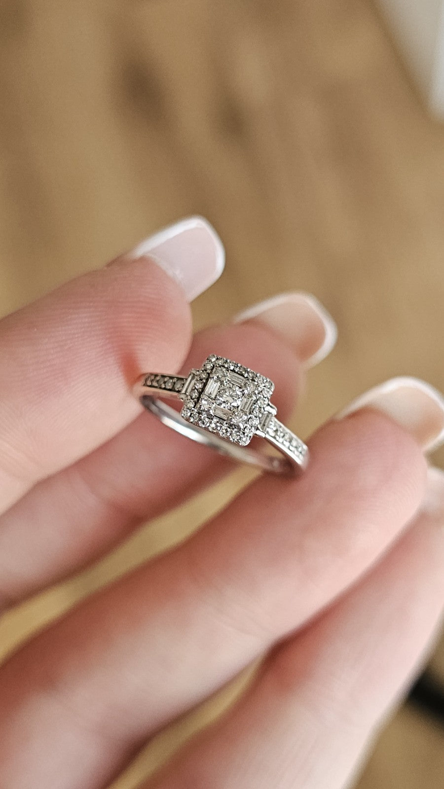 9ct White Gold 0.25ct Natural Diamond Square Halo Cluster Ring – Size L 1/2 ✨