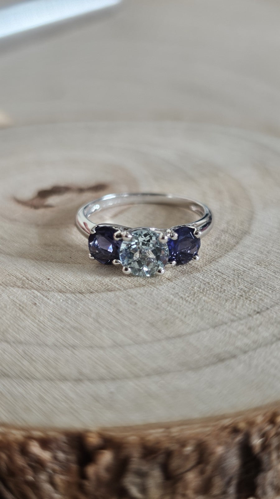 9ct White Gold Natural Aquamarine & Iolite Trilogy Ring Size L Hallmarked
