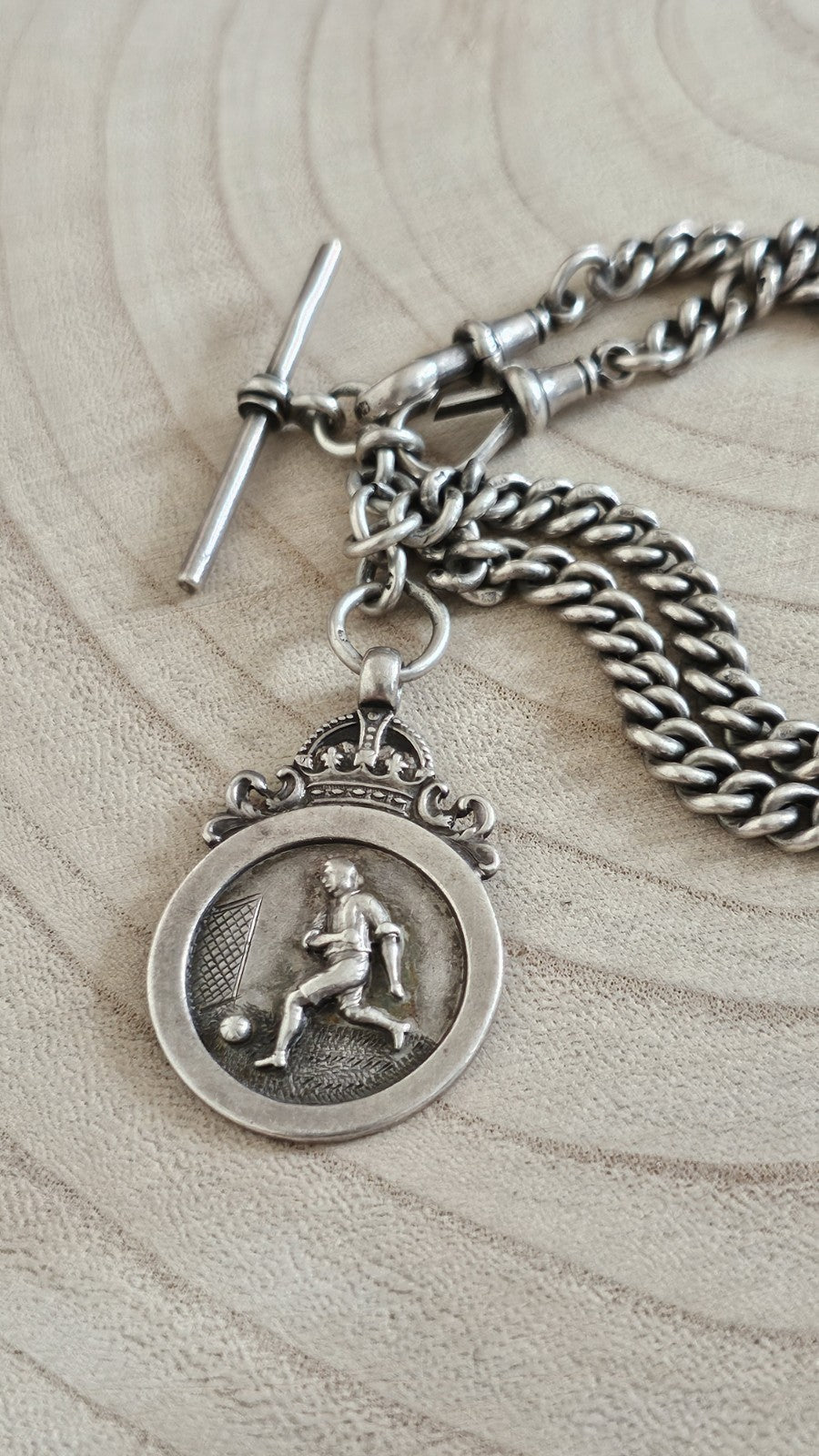 Antique 1911 Chester Sterling Silver Double Albert Chain & Football Fob Medal
