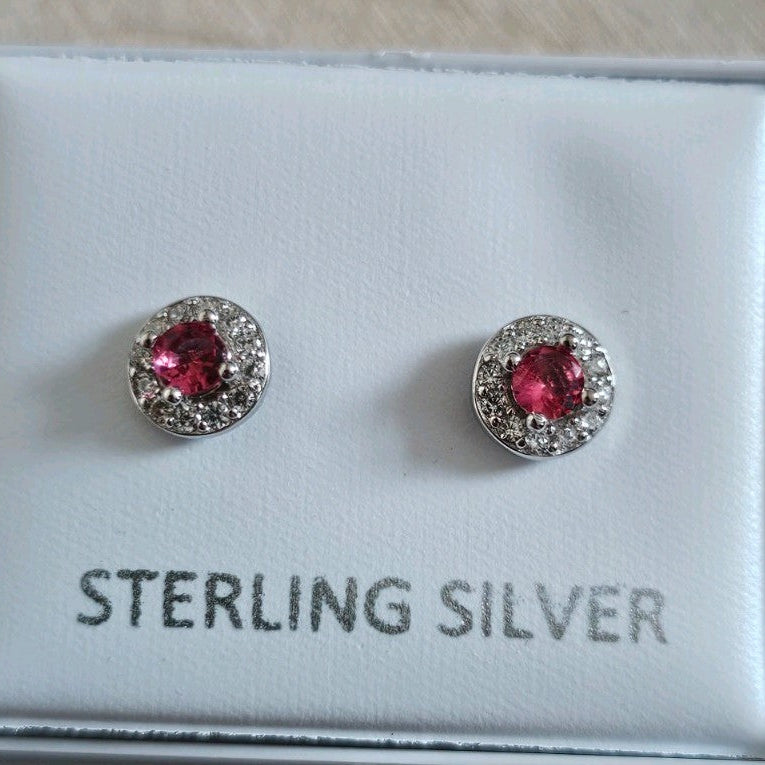 925 Sterling Silver fuchsia pink CZ Halo Stud Earrings 6mm Sparkling Round Studs