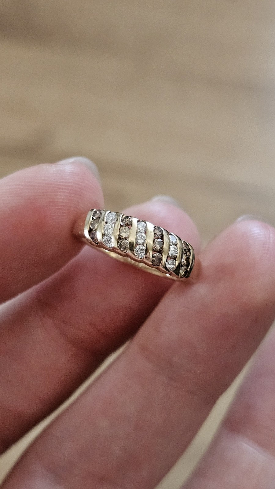 9ct Yellow Gold 0.63ct Champagne & White Diamond Three-Row Ring - Size L 1/2