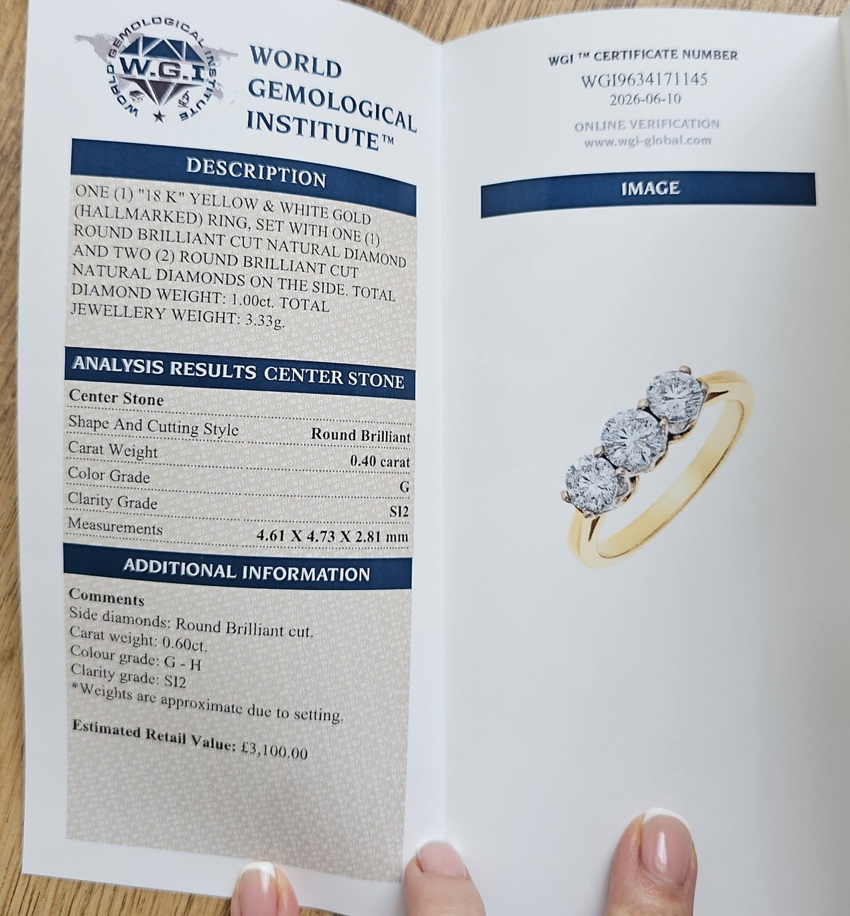 1.00ct Natural Diamond Trilogy Ring in 18ct Gold,WGI Certified (Size K ½)