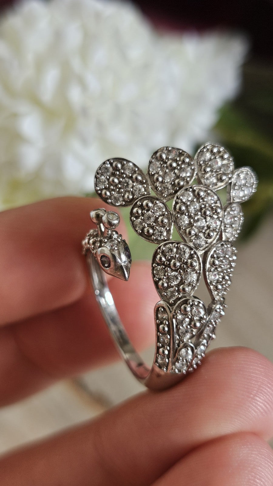 TGGC 925 Silver Natural Zircon Amethyst Peacock Ring Adjustable P 1/2
