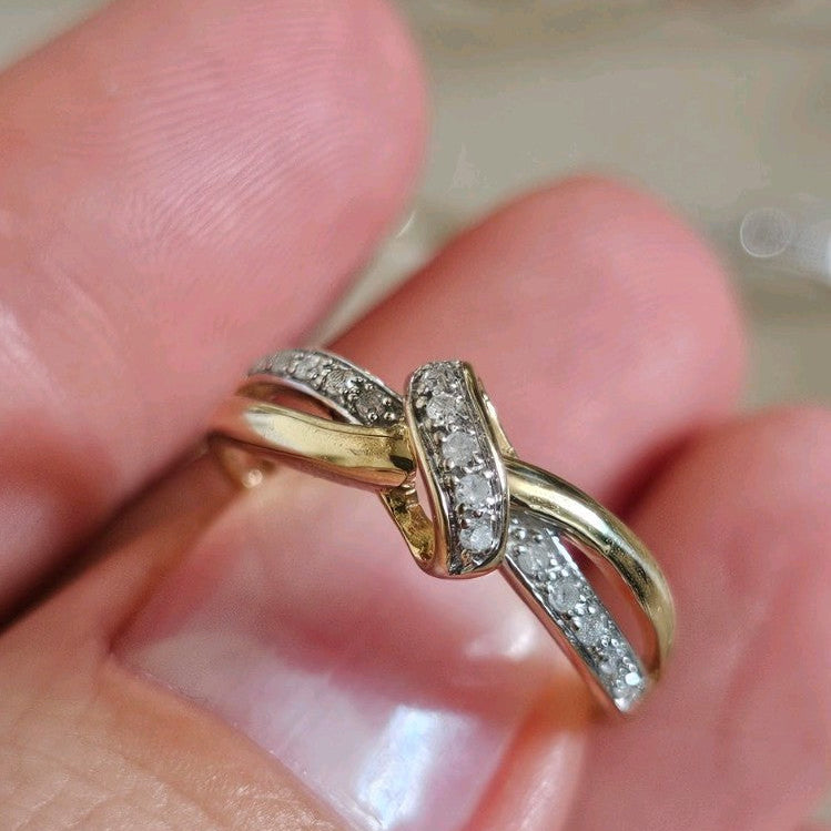 9ct Yellow Gold 0.10ct Diamond Crossover Ring Size N 1/2 Hallmarked 1.76g