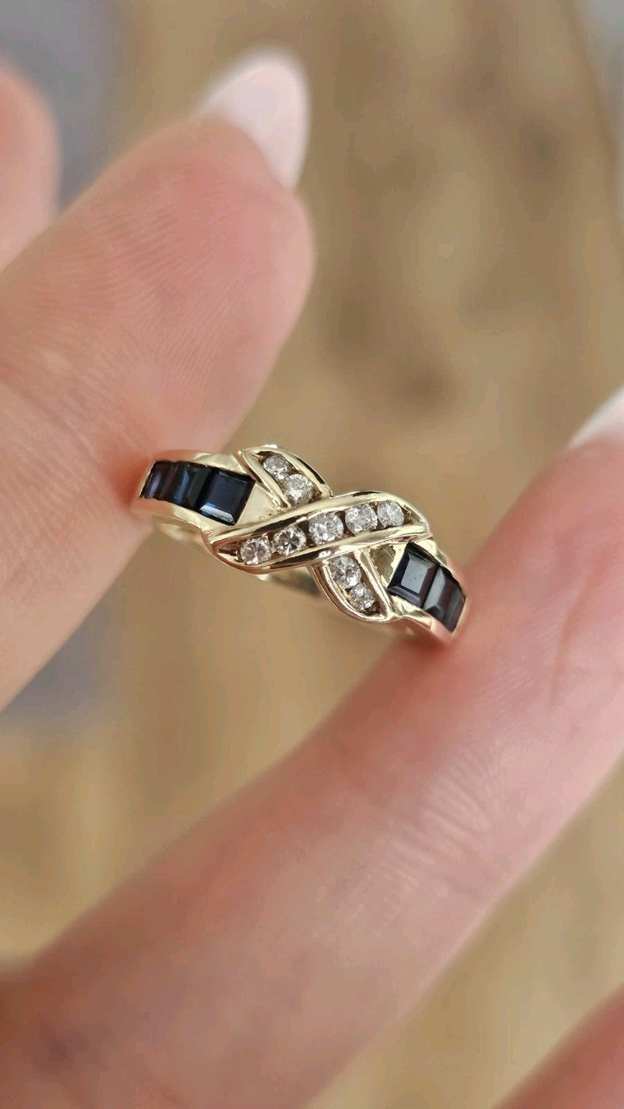 9ct Yellow Gold Natural Diamond Sapphire Crossover Ring Size L Hallmarked 2.70g