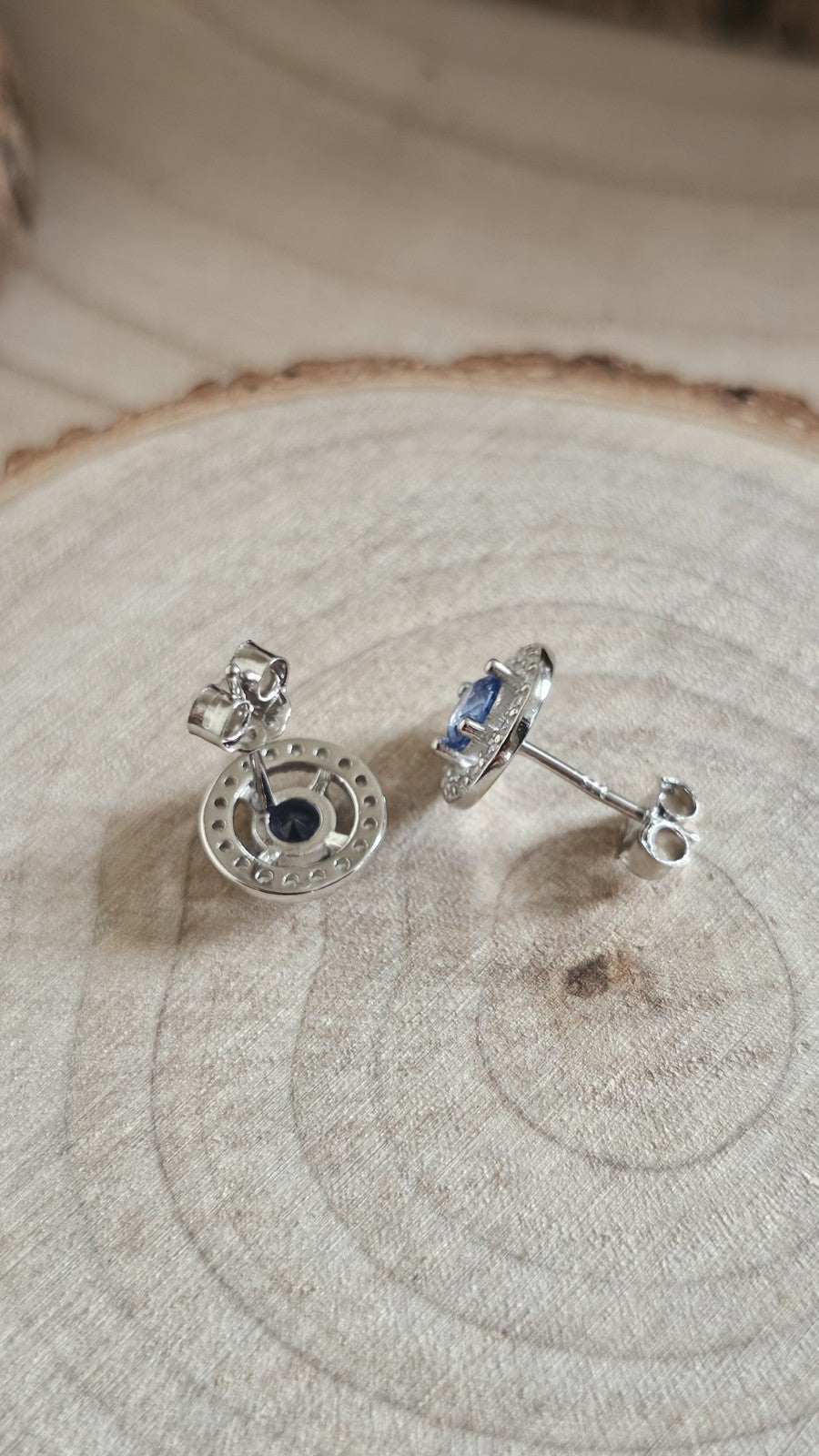 925 Sterling Silver Blue CZ Halo Stud Earrings 9.6mm, New Boxed