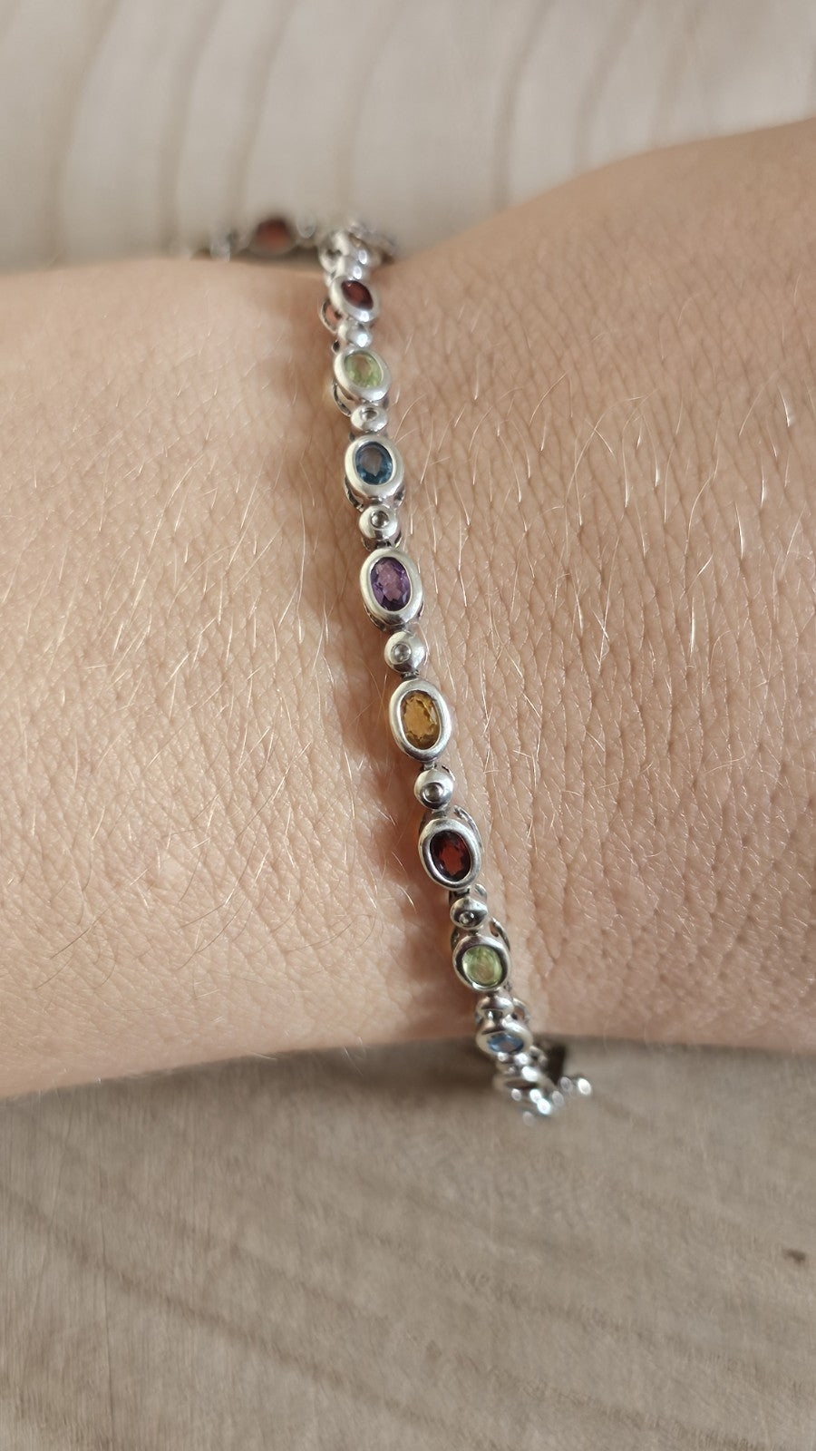 925 Sterling Silver Multi Gemstone Bracelet Garnet Amethyst Topaz 8inches