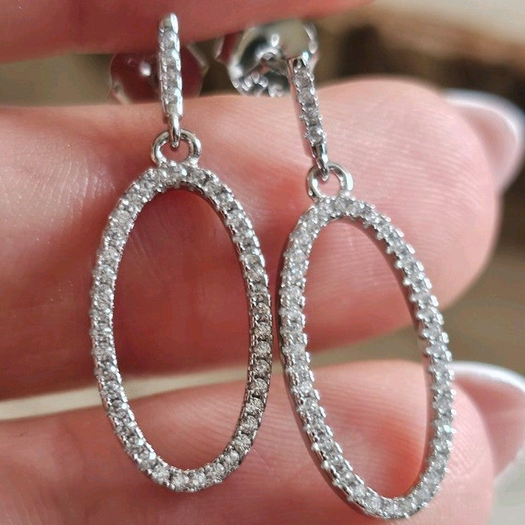 925 Sterling Silver CZ Oval Drop Dangle Earrings Sparkling 27mm