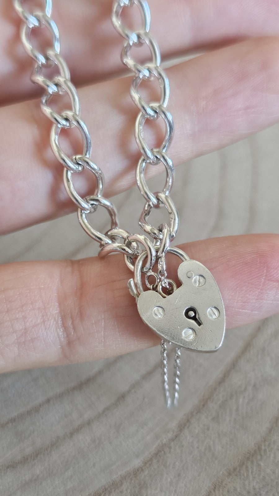 Vintage 1969 Sterling Silver Curb Bracelet Heart Padlock Hallmarked 14.38g