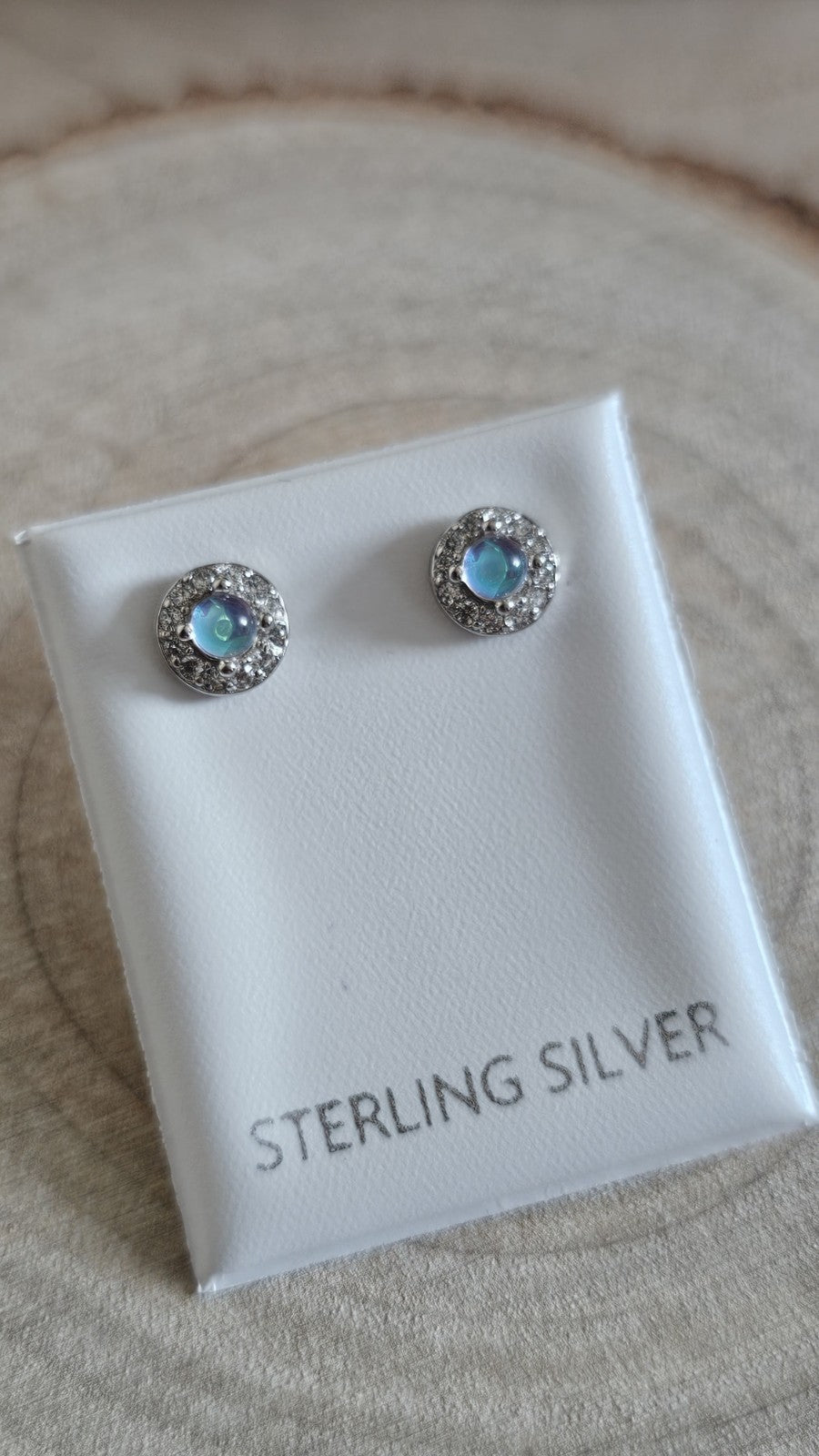 925 Sterling Silver Moonstone CZ Halo Stud Earrings 6mm Round Stamped 925 , New