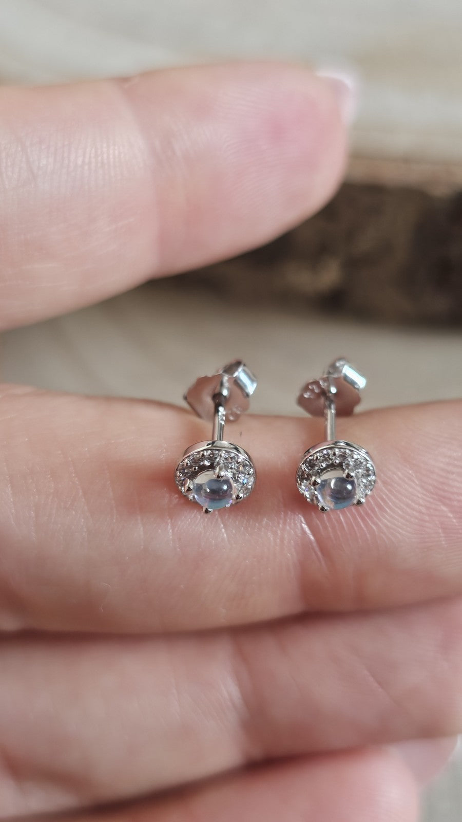 925 Sterling Silver Moonstone CZ Halo Stud Earrings 6mm Round Stamped 925 , New