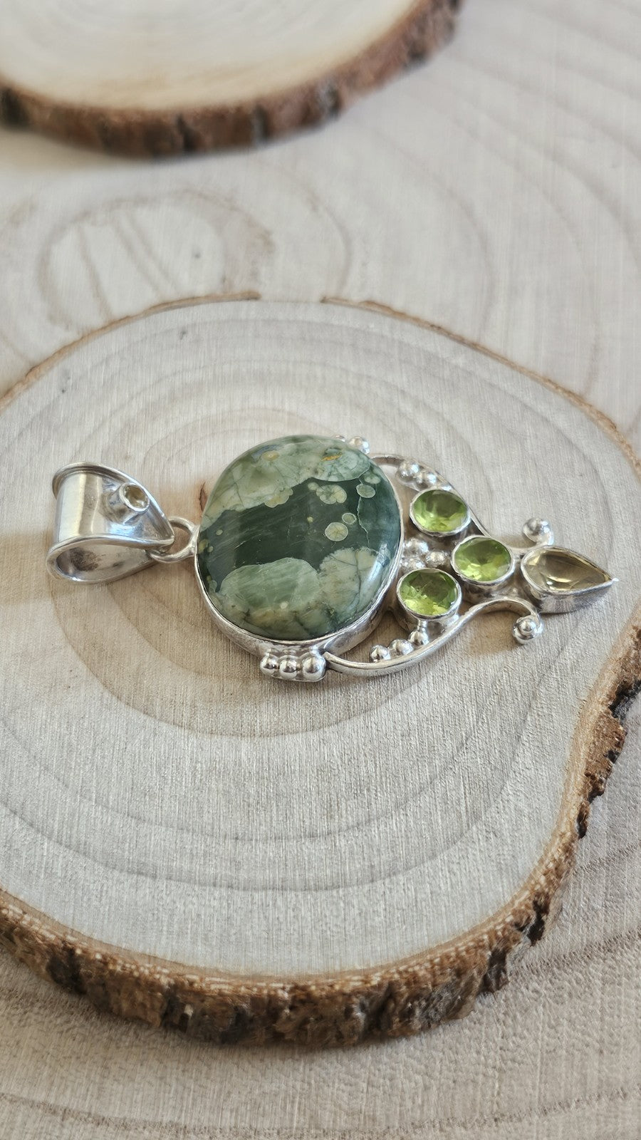925 Sterling Silver Rainforest Jasper Peridot Citrine Pendant 60mm 17.55g