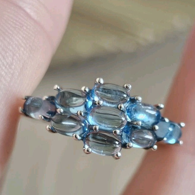 TGGC 925 Sterling Silver Blue Topaz Cabochon Cluster Ring Size R 1/2