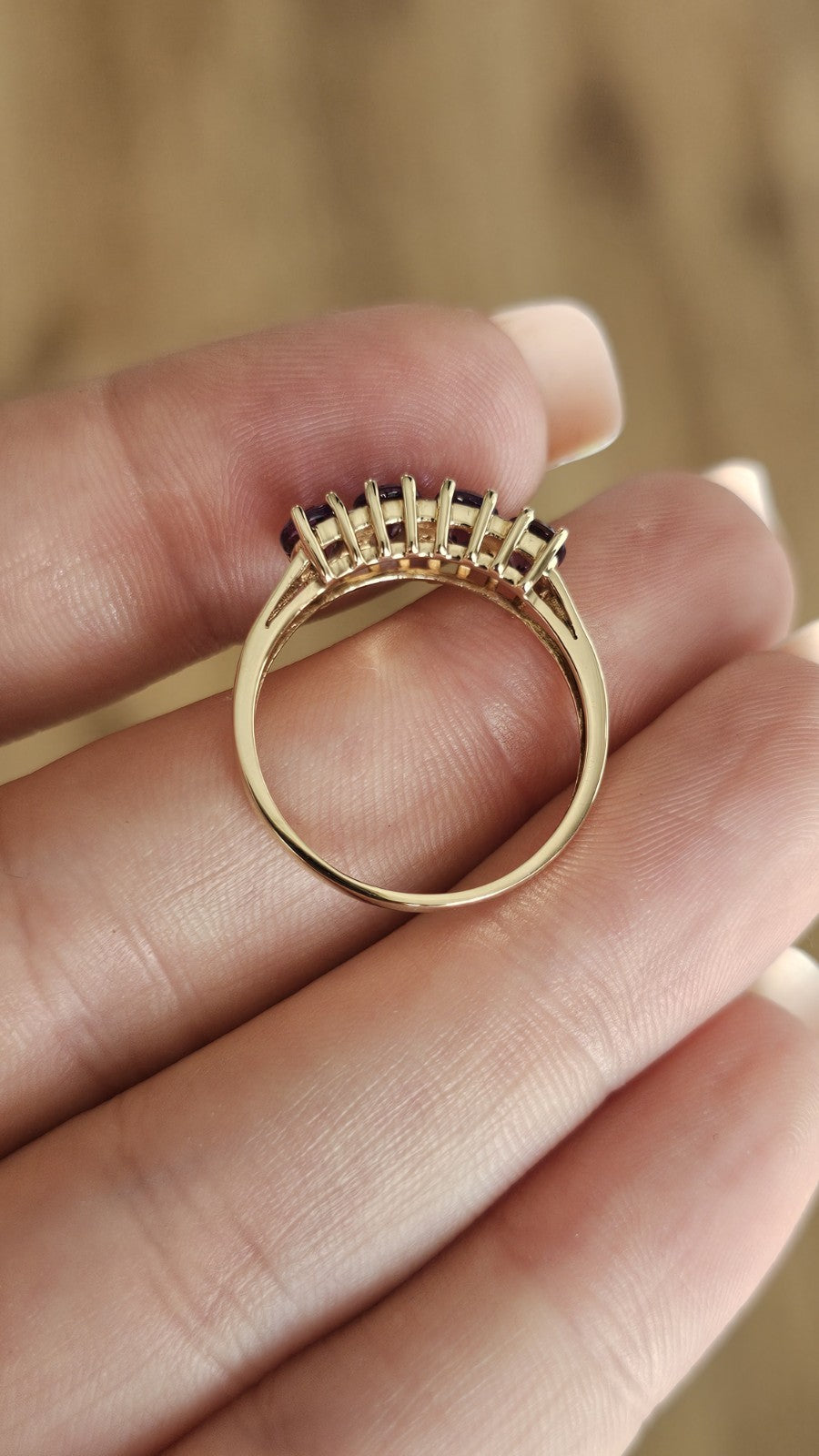 💜 9ct Yellow Gold Natural Amethyst & Diamond Half Eternity Ring – Size S 💜
