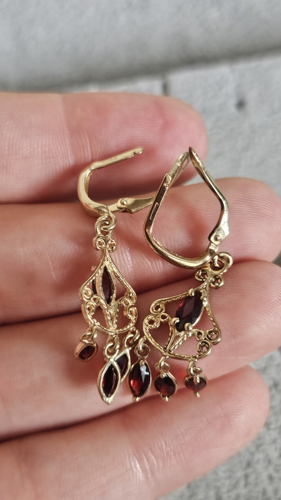 Vintage 9ct Yellow Gold Garnet Chandelier Drop Earrings 3.61g 41mm 375