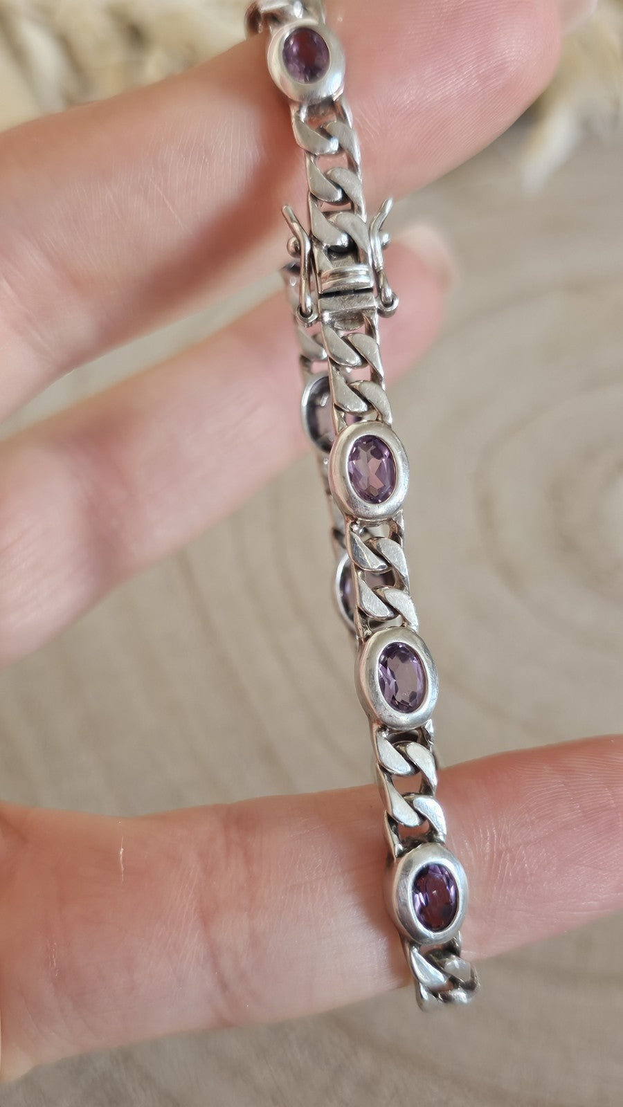 925 Sterling Silver Curb Link Amethyst Bracelet 18.5cm Hallmarked 13.39g