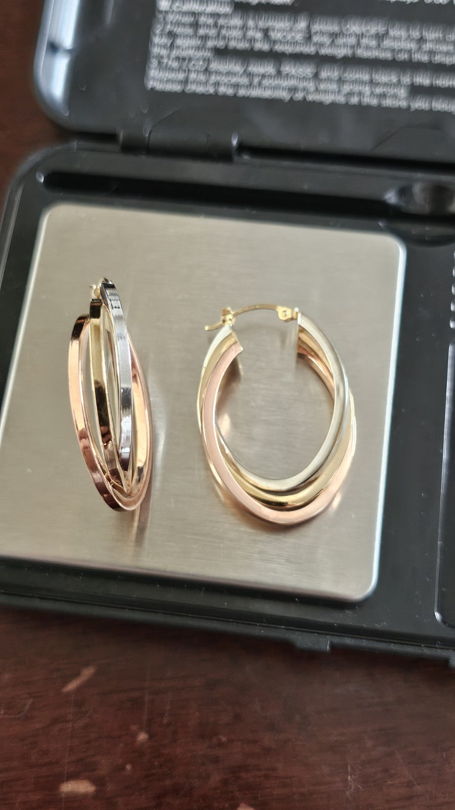 14ct Tri Colour Gold Triple Hoop Earrings 4.79g 33.5mm 14K Rose White Yellow