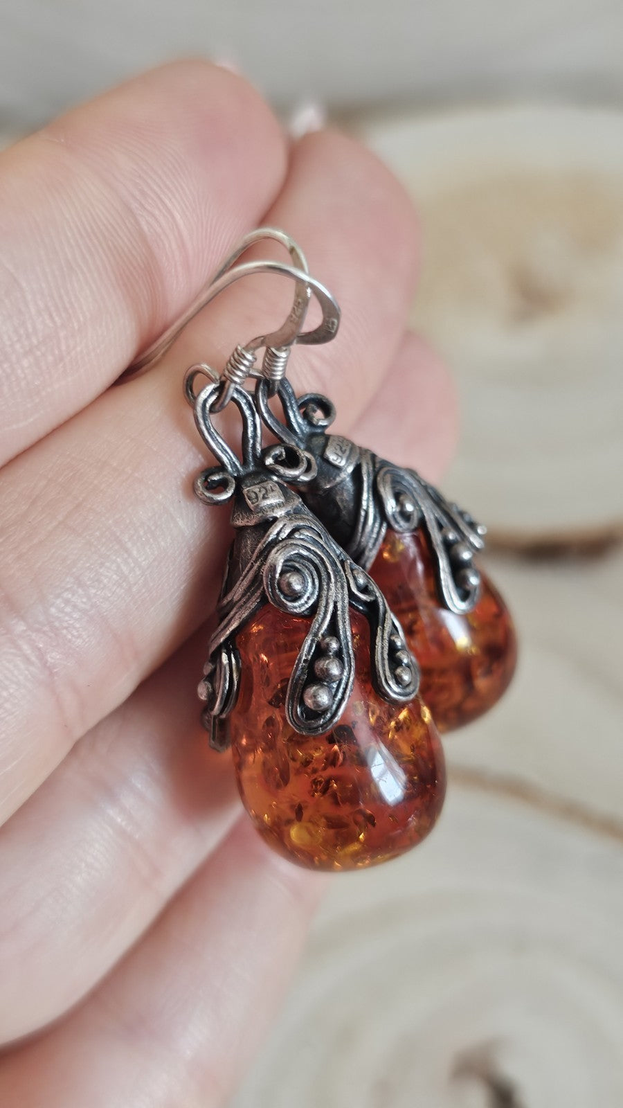 Vintage 925 Sterling Silver Amber Drop Earrings Ornate Dangle 13.57g