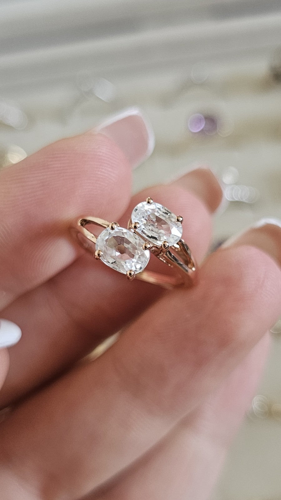 10ct Rose Gold Natural White Topaz Two Stone Ring – Size L 1/2 – 2.47g ✨
