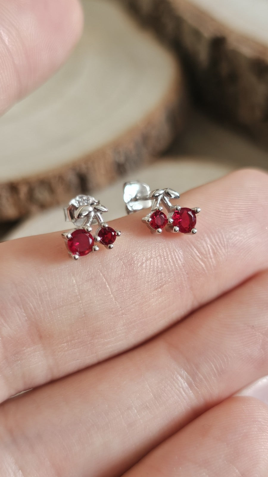 925 Sterling Silver Red Stone Cherry Stud Earrings Rhodium Plated 7.5mm
