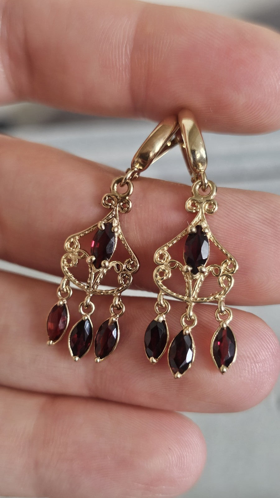 Vintage 9ct Yellow Gold Garnet Chandelier Drop Earrings 3.61g 41mm 375