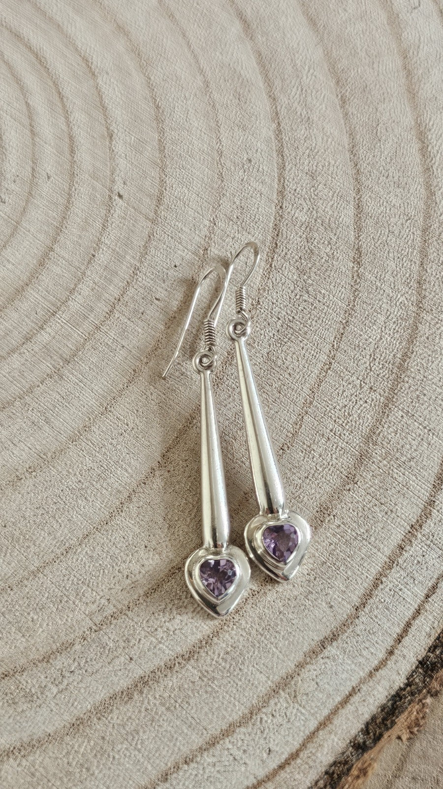 925 Sterling Silver Amethyst Heart Drop Dangle Earrings Stamped 925