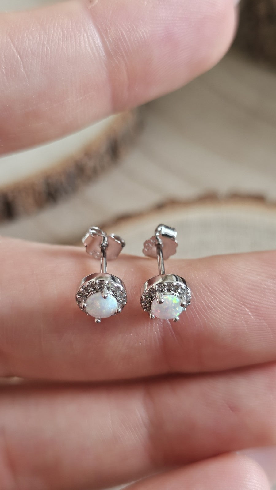 925 Sterling Silver White Opal CZ Halo Stud Earrings 6.6mm
