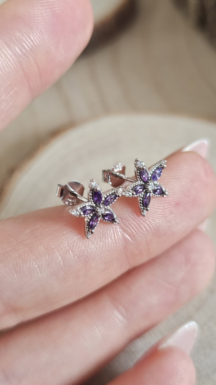925 Sterling Silver Purple CZ Flower Stud Earrings 11mm Floral Star New