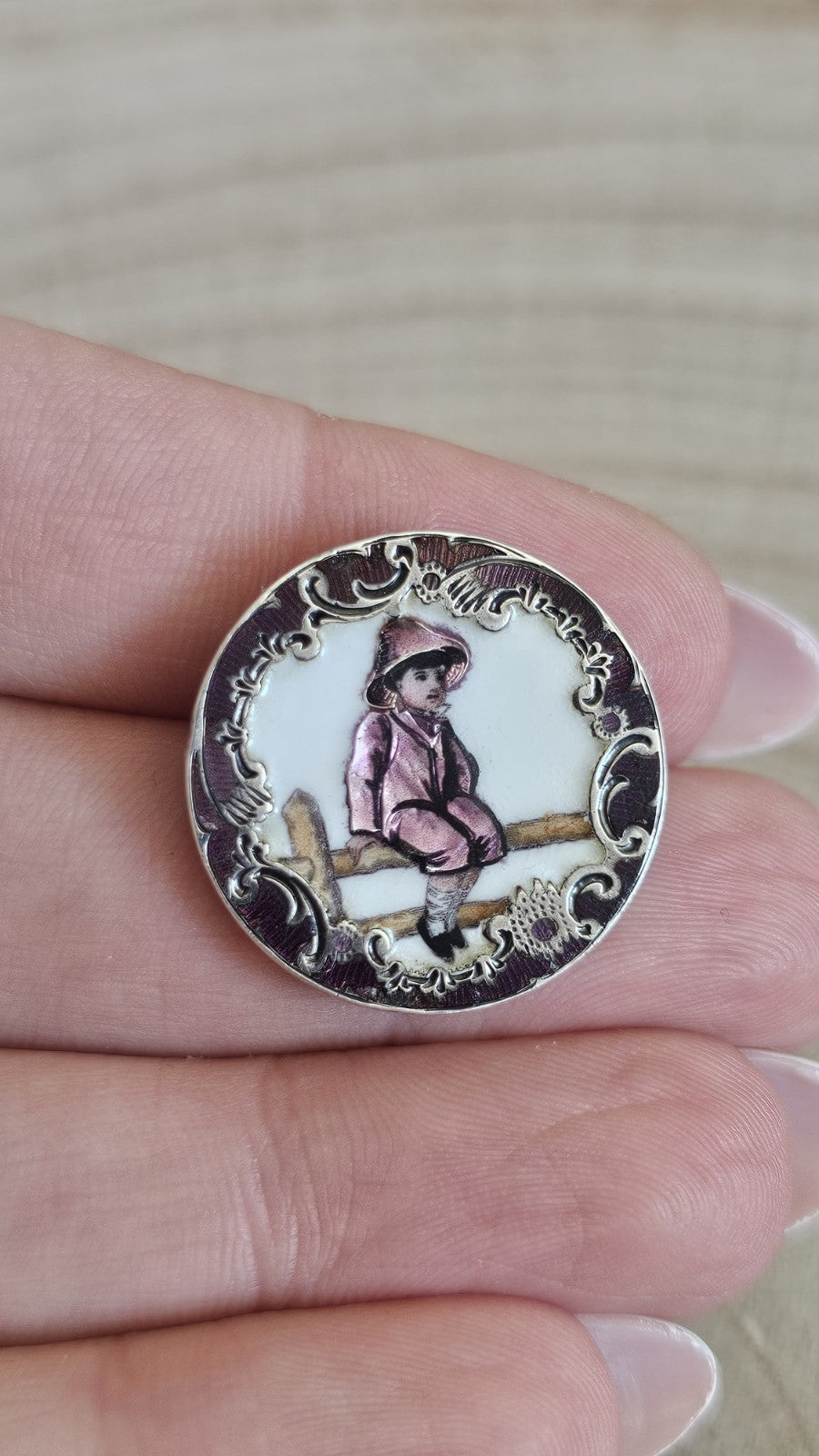 Vintage Polish 800 Silver Enamel Portrait Brooch Warsaw 💜