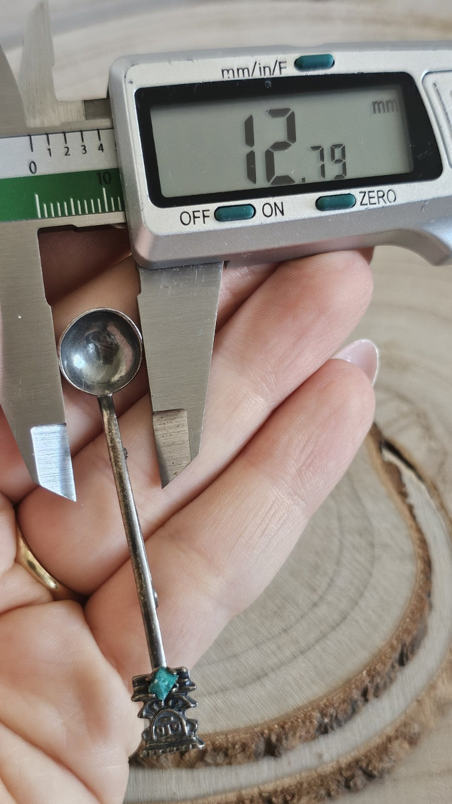 Vintage 900 Silver Spoon Brooch Turquoise Stone Figural Pin 3.28g 64mm