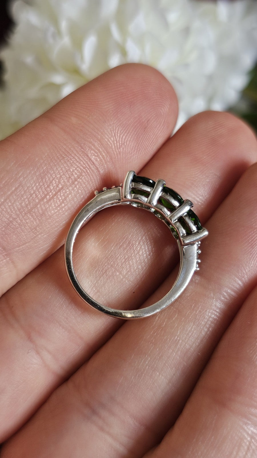 925 Sterling Silver Chrome Diopside Trilogy Ring Size L 1/2 TGGC 2.56g