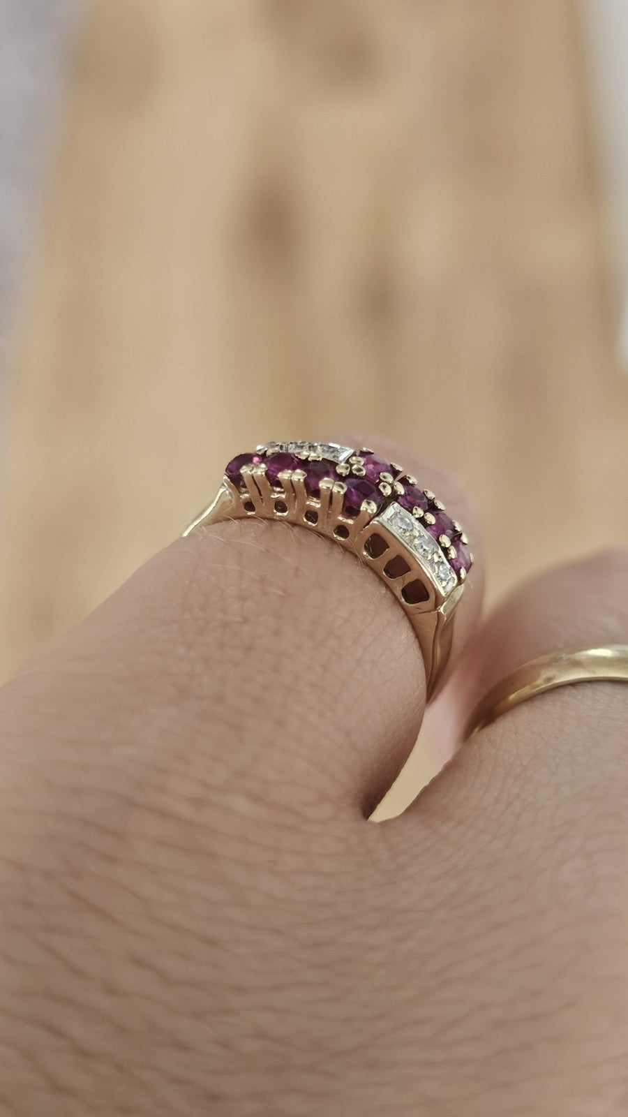 Vintage 1987 ,9ct Yellow Gold Natural Ruby & Diamond Double Row Ring Size M 1/2